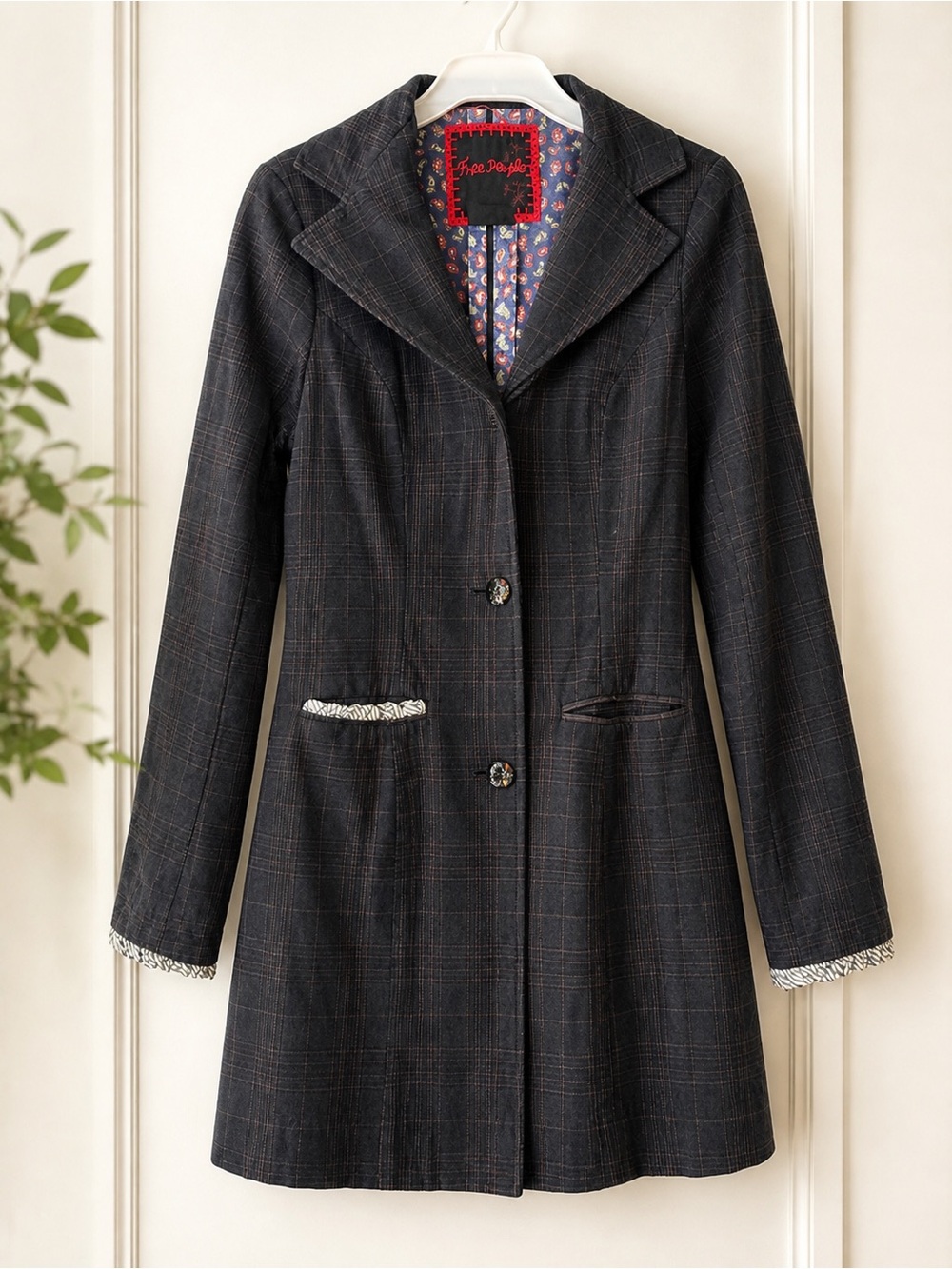 Free People Plaid Long Blazer Coat Jacket Women’s Small Tailored Boho